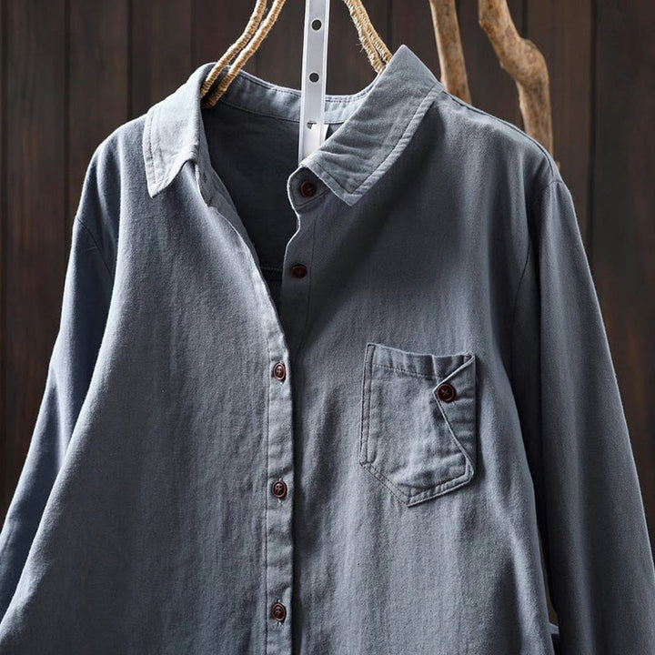 Camisa de algodón de manga larga con cuello alto para mujer, diseño con botones y bolsillos decorados con Buddha Stones en otoño - image 19