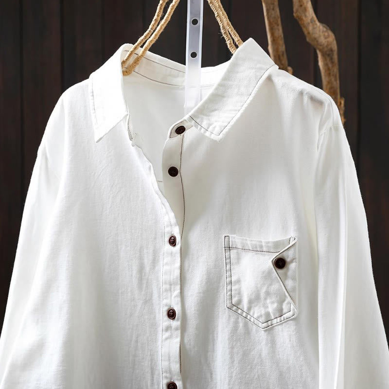 Camisa de algodón de manga larga con cuello alto para mujer, diseño con botones y bolsillos decorados con Buddha Stones en otoño - image 3