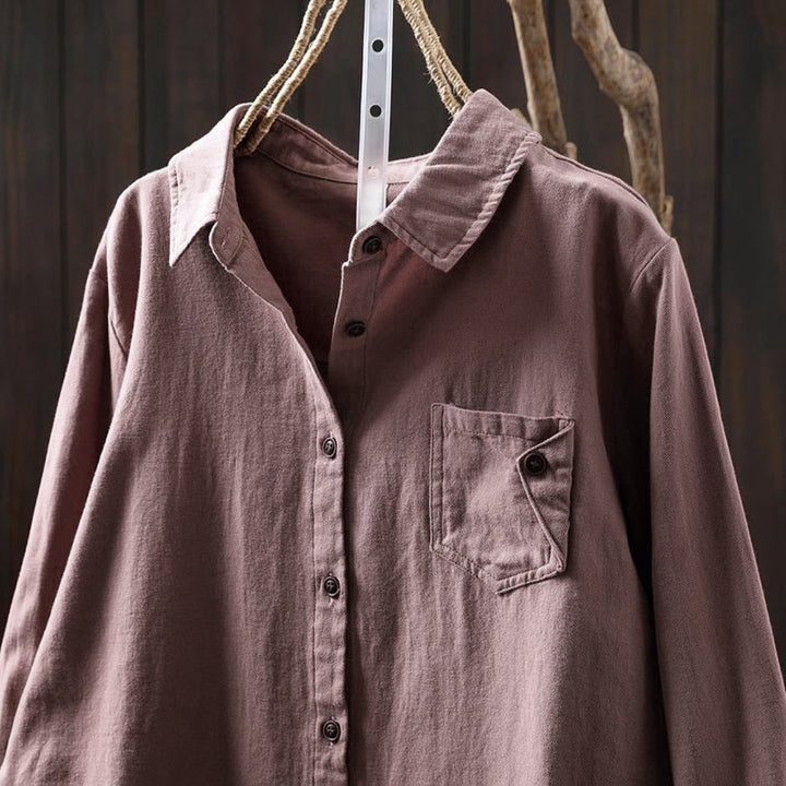 Camisa de algodón de manga larga con cuello alto para mujer, diseño con botones y bolsillos decorados con Buddha Stones en otoño - image 17