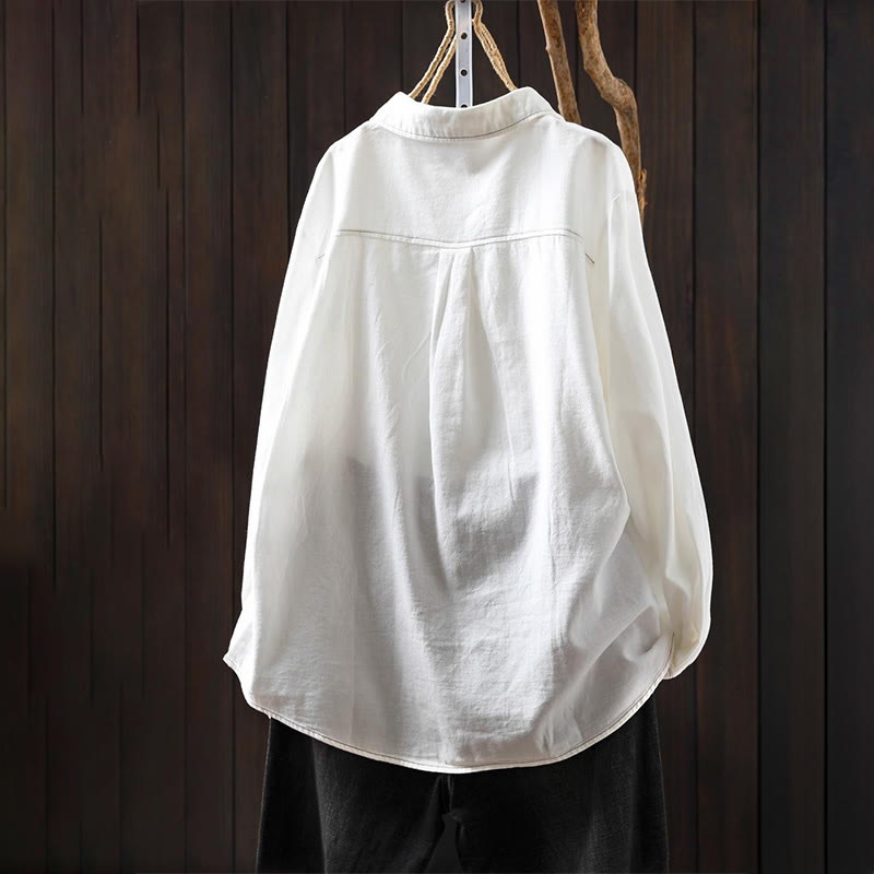 Camisa de algodón de manga larga con cuello alto para mujer, diseño con botones y bolsillos decorados con Buddha Stones en otoño - image 2