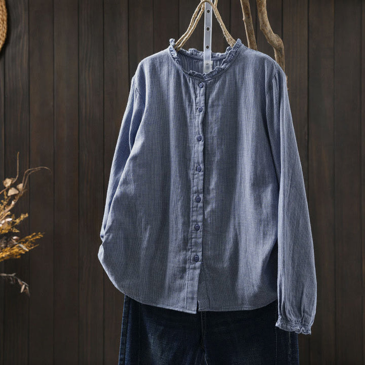 Camisa de algodón de manga larga para mujer con cuello con volantes y botones a cuadros pequeños de Buddha Stones Fall - Azul aciano - US6, UK/AU10, EU38 (L) - image 0