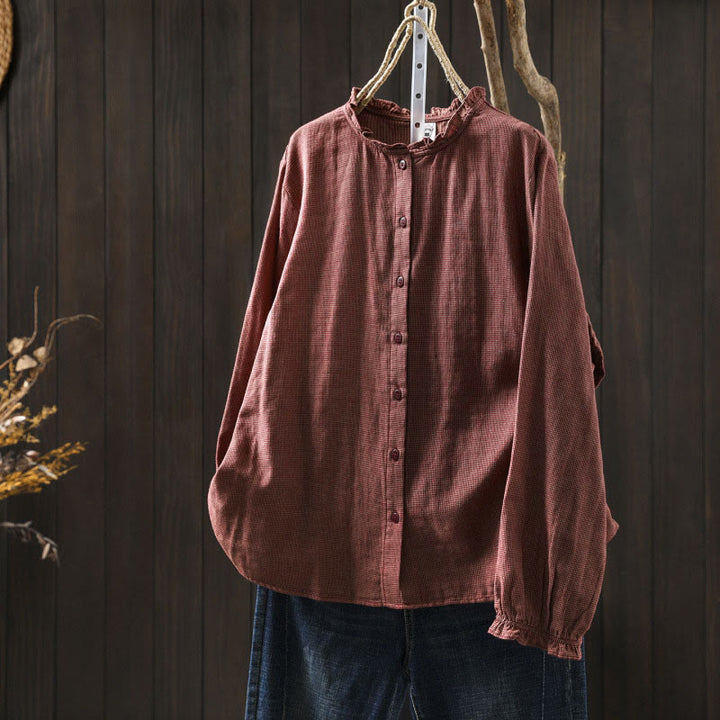 Camisa de algodón de manga larga para mujer con cuello con volantes y botones a cuadros pequeños de Buddha Stones Fall - IndianRed - US6, UK/AU10, EU38 (L) - image 13