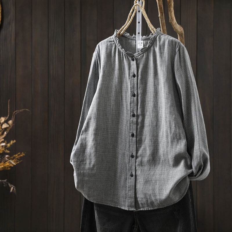 Camisa de algodón de manga larga para mujer con cuello con volantes y botones a cuadros pequeños de Buddha Stones Fall - Gris claro - US6, UK/AU10, EU38 (L) - image 15