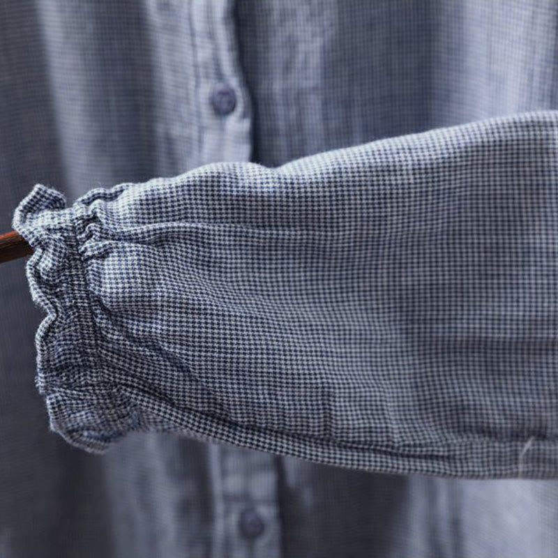 Camisa de algodón de manga larga para mujer con cuello con volantes y botones a cuadros pequeños de Buddha Stones Fall - image 10