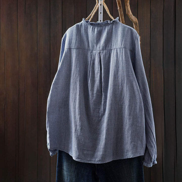 Camisa de algodón de manga larga para mujer con cuello con volantes y botones a cuadros pequeños de Buddha Stones Fall - image 2