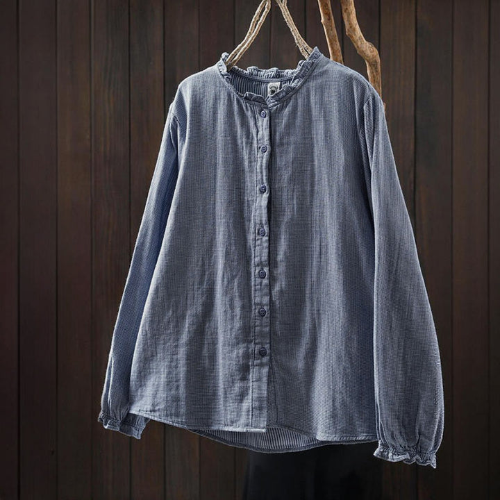 Camisa de algodón de manga larga para mujer con cuello con volantes y botones a cuadros pequeños de Buddha Stones Fall - image 1