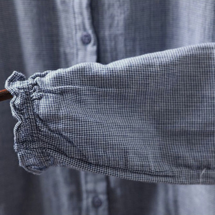 Camisa de algodón de manga larga para mujer con cuello con volantes y botones a cuadros pequeños de Buddha Stones Fall - image 10