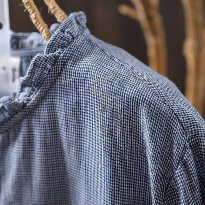 Camisa de algodón de manga larga para mujer con cuello con volantes y botones a cuadros pequeños de Buddha Stones Fall - image 5