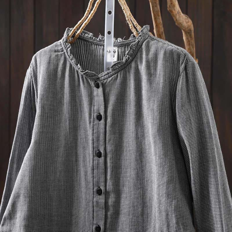 Camisa de algodón de manga larga para mujer con cuello con volantes y botones a cuadros pequeños de Buddha Stones Fall - image 16