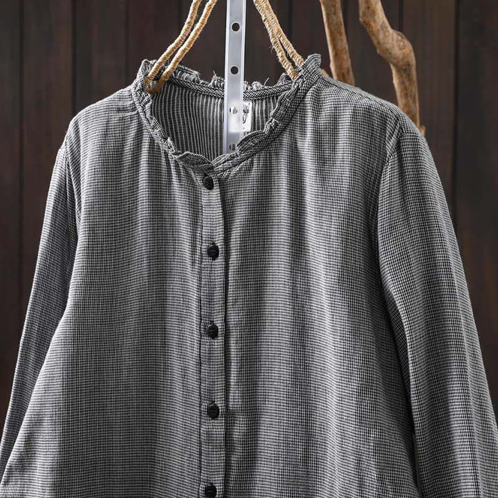 Camisa de algodón de manga larga para mujer con cuello con volantes y botones a cuadros pequeños de Buddha Stones Fall - image 16