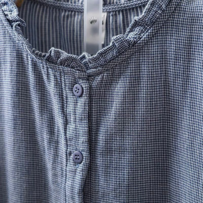 Camisa de algodón de manga larga para mujer con cuello con volantes y botones a cuadros pequeños de Buddha Stones Fall - image 4