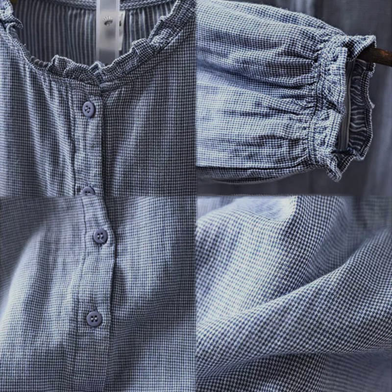 Camisa de algodón de manga larga para mujer con cuello con volantes y botones a cuadros pequeños de Buddha Stones Fall - image 11