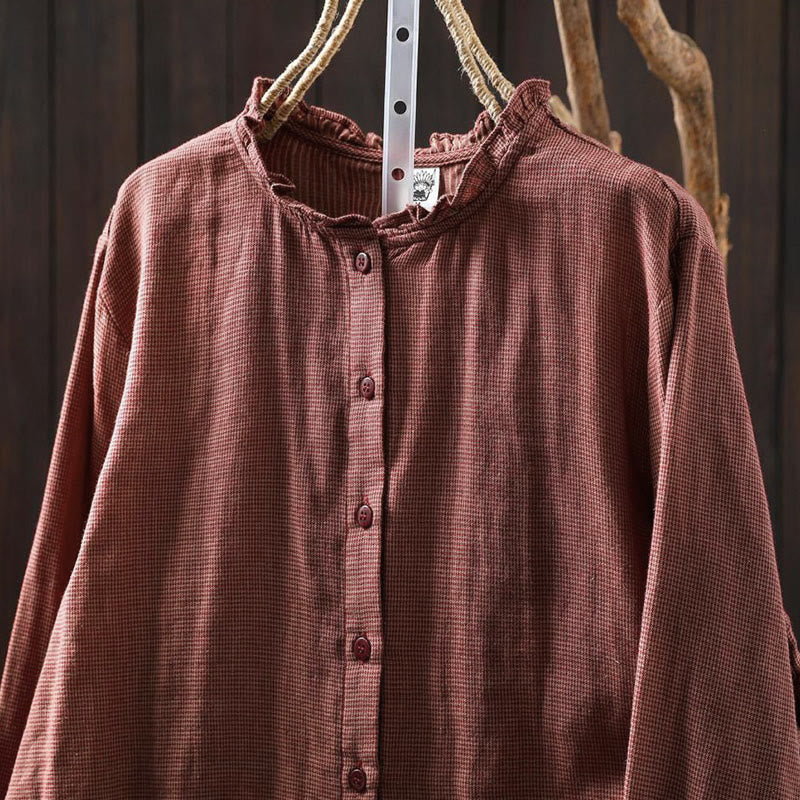 Camisa de algodón de manga larga para mujer con cuello con volantes y botones a cuadros pequeños de Buddha Stones Fall - image 14