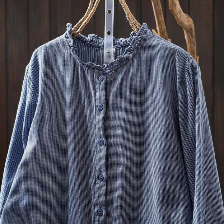 Camisa de algodón de manga larga para mujer con cuello con volantes y botones a cuadros pequeños de Buddha Stones Fall - image 3