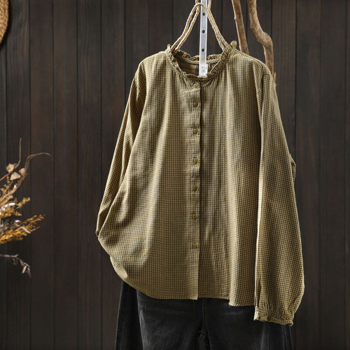 Camisa de algodón de manga larga para mujer con cuello con volantes y botones a cuadros pequeños de Buddha Stones Fall - Caqui oscuro - US6, UK/AU10, EU38 (L) - image 13