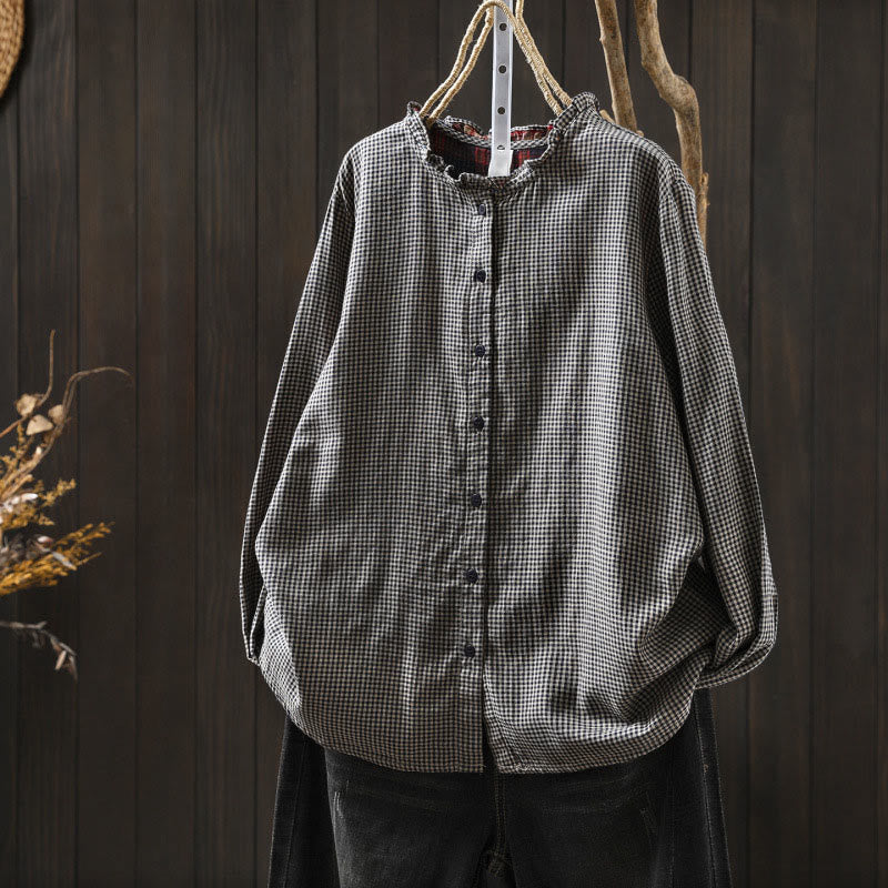 Camisa de algodón de manga larga para mujer con cuello con volantes y botones a cuadros pequeños de Buddha Stones Fall - Gris - US6, UK/AU10, EU38 (L) - image 15