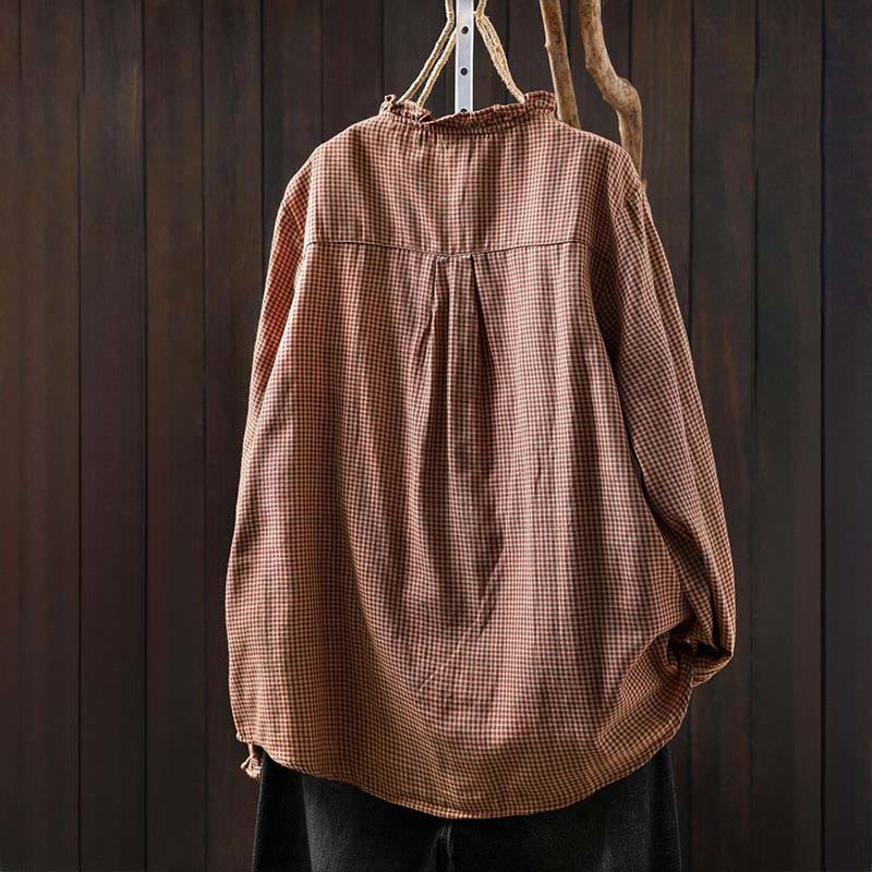 Camisa de algodón de manga larga para mujer con cuello con volantes y botones a cuadros pequeños de Buddha Stones Fall - image 2
