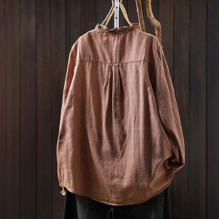 Camisa de algodón de manga larga para mujer con cuello con volantes y botones a cuadros pequeños de Buddha Stones Fall - image 2