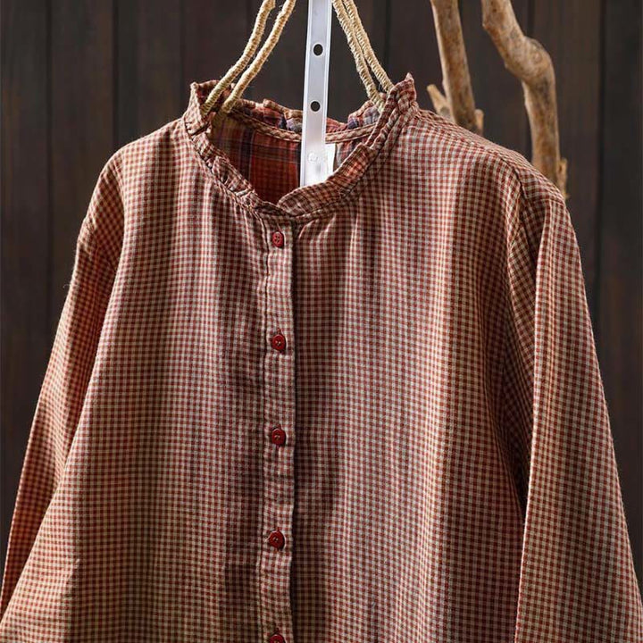Camisa de algodón de manga larga para mujer con cuello con volantes y botones a cuadros pequeños de Buddha Stones Fall - image 3