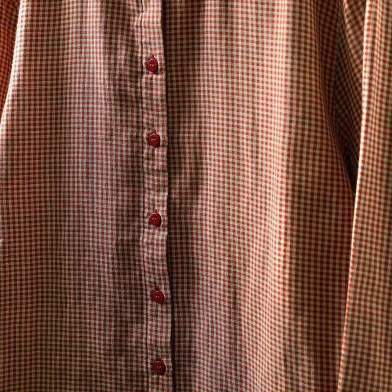 Camisa de algodón de manga larga para mujer con cuello con volantes y botones a cuadros pequeños de Buddha Stones Fall - image 8