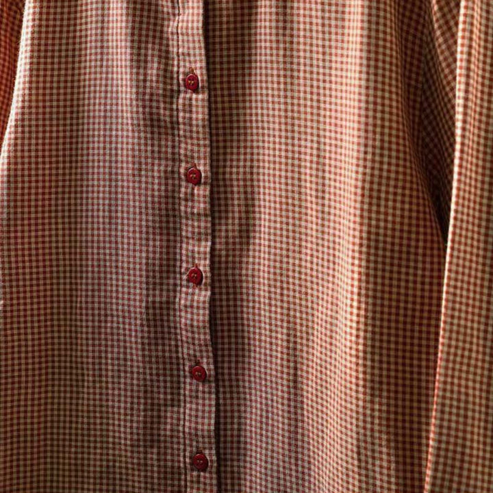 Camisa de algodón de manga larga para mujer con cuello con volantes y botones a cuadros pequeños de Buddha Stones Fall - image 8