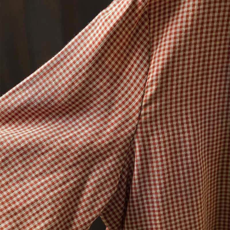 Camisa de algodón de manga larga para mujer con cuello con volantes y botones a cuadros pequeños de Buddha Stones Fall - image 9