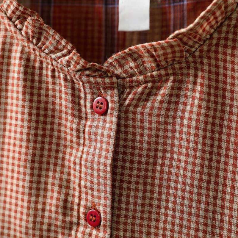 Camisa de algodón de manga larga para mujer con cuello con volantes y botones a cuadros pequeños de Buddha Stones Fall - image 5