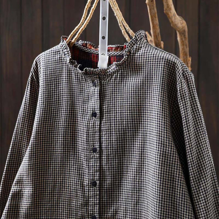 Camisa de algodón de manga larga para mujer con cuello con volantes y botones a cuadros pequeños de Buddha Stones Fall - image 16