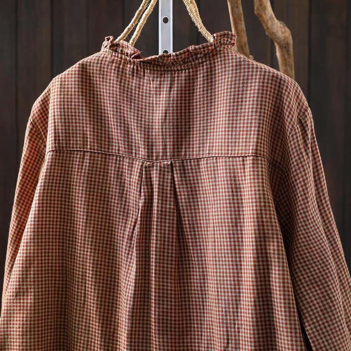 Camisa de algodón de manga larga para mujer con cuello con volantes y botones a cuadros pequeños de Buddha Stones Fall - image 4