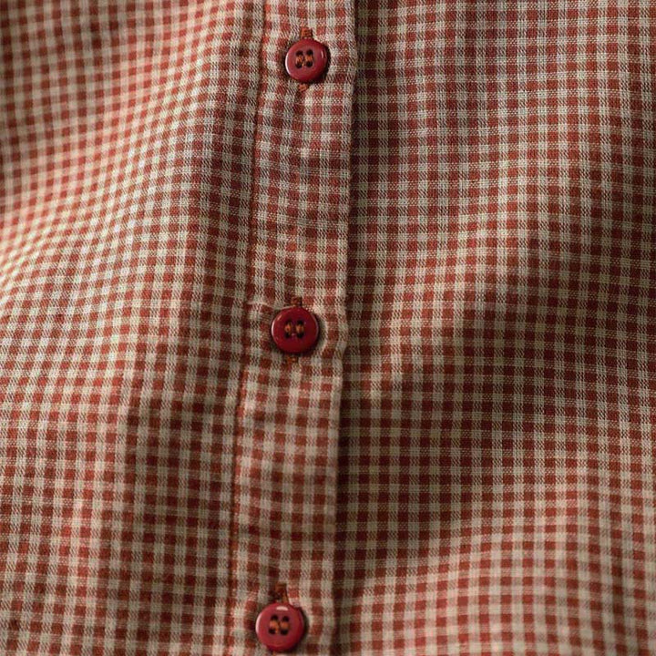 Camisa de algodón de manga larga para mujer con cuello con volantes y botones a cuadros pequeños de Buddha Stones Fall - image 7