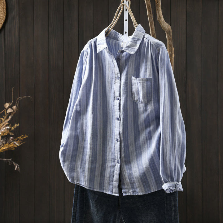 Camisa de algodón de manga larga con cuello alto y botones para mujer con Buddha Stones - Azul cielo claro - US6, UK/AU10, EU38 (L) - image 0