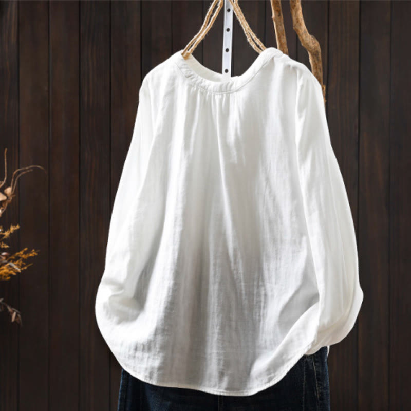 Camisa de algodón de manga larga para mujer con cuello redondo y botones en la espalda con estampado de Buddha Stones Fall - Blanco - US6, UK/AU10, EU38 (L) - image 13