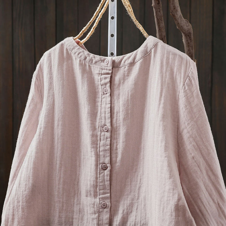 Camisa de algodón de manga larga para mujer con cuello redondo y botones en la espalda con estampado de Buddha Stones Fall - image 5