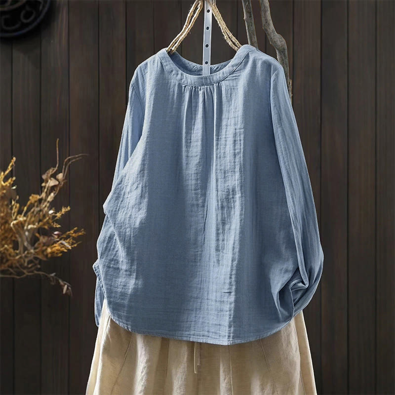 Camisa de algodón de manga larga para mujer con cuello redondo y botones en la espalda con estampado de Buddha Stones Fall - Azul cielo claro - US6, UK/AU10, EU38 (L) - image 11