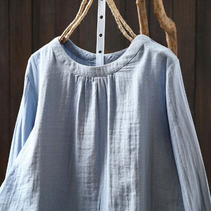 Camisa de algodón de manga larga para mujer con cuello redondo y botones en la espalda con estampado de Buddha Stones Fall - image 12