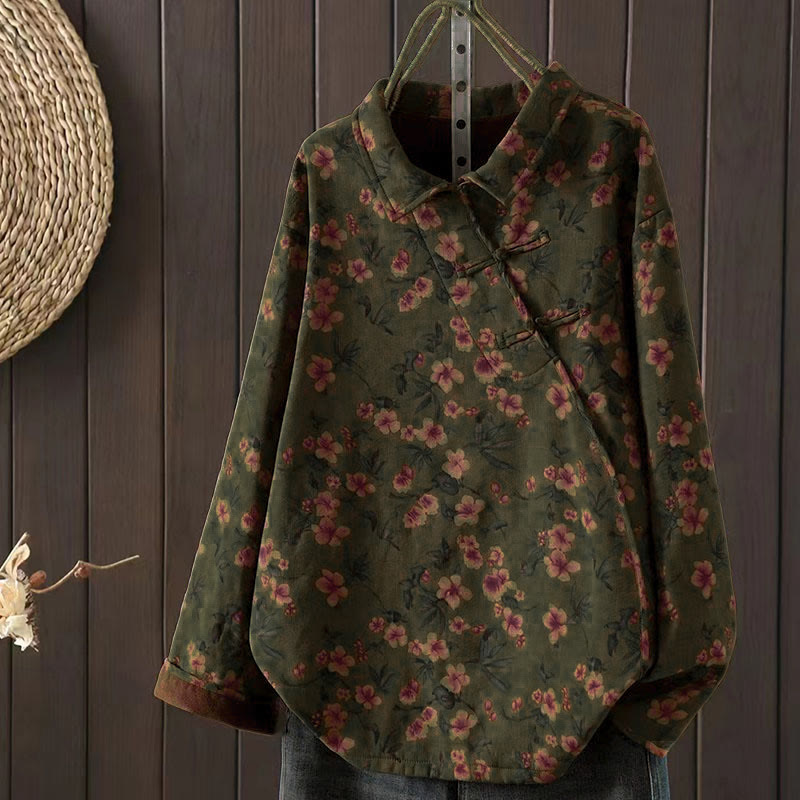 Camisa de algodón para mujer, manga larga, cuello alto, botones de rana, flores de invierno y hojas verdes de Buddha Stones - Verde oliva - US4-8/10, UK/AU8-12/14, EU36-40/42 (F) - image 0