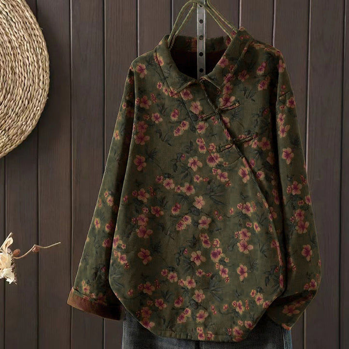 Camisa de algodón para mujer, manga larga, cuello alto, botones de rana, flores de invierno y hojas verdes de Buddha Stones - Verde oliva - US4-8/10, UK/AU8-12/14, EU36-40/42 (F) - image 0