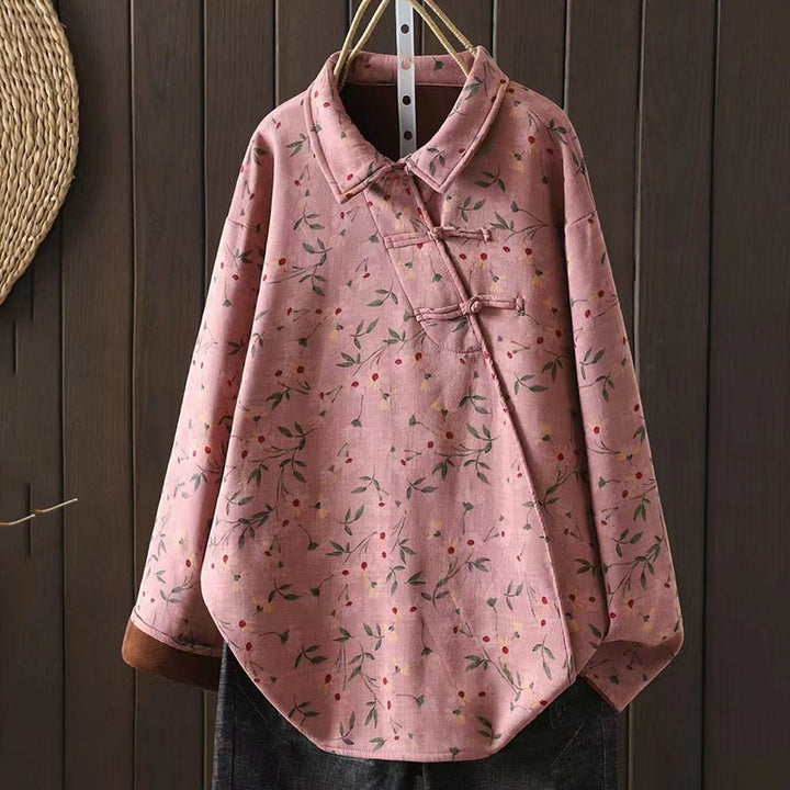Camisa de algodón para mujer, manga larga, cuello alto, botones de rana, flores de invierno y hojas verdes de Buddha Stones - Rosa claro - US4-8/10, UK/AU8-12/14, EU36-40/42 (F) - image 3