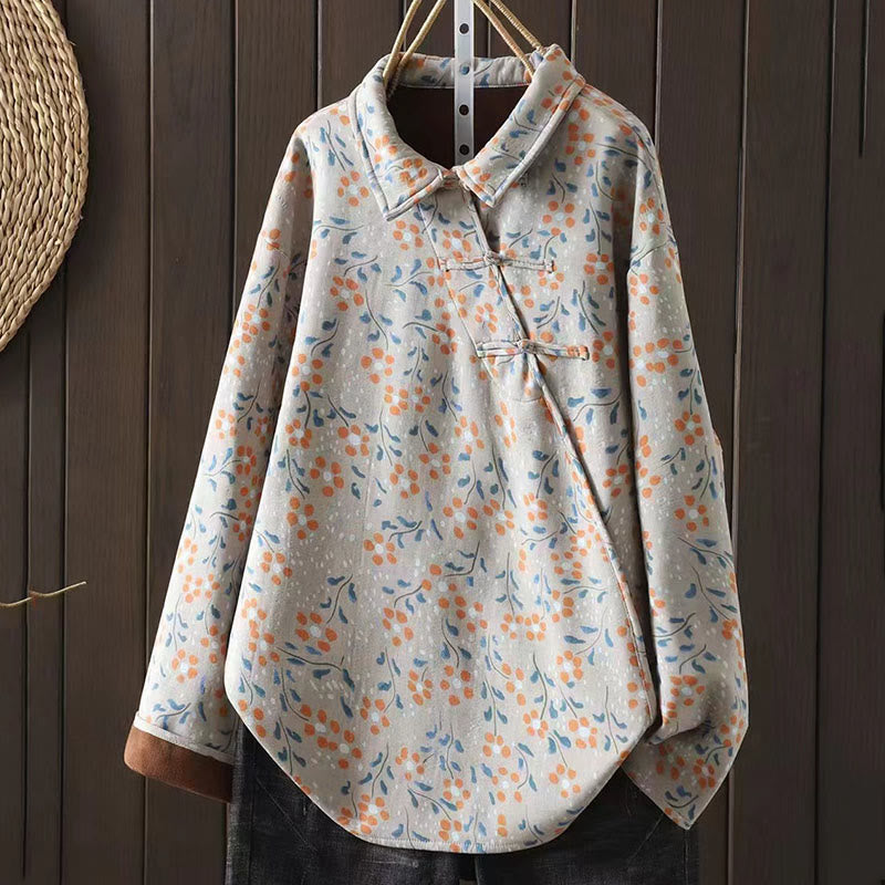 Camisa de algodón para mujer, manga larga, cuello alto, botones de rana, flores de invierno y hojas verdes de Buddha Stones - Gainsboro - US4-8/10, UK/AU8-12/14, EU36-40/42 (F) - image 12