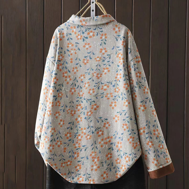Camisa de algodón para mujer, manga larga, cuello alto, botones de rana, flores de invierno y hojas verdes de Buddha Stones - image 13