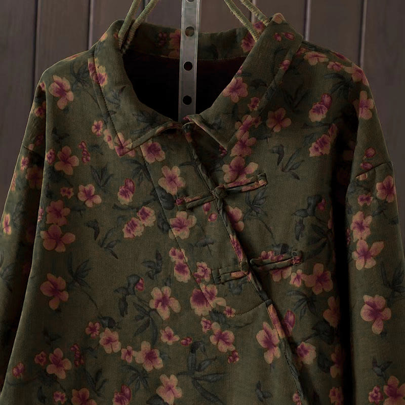 Camisa de algodón para mujer, manga larga, cuello alto, botones de rana, flores de invierno y hojas verdes de Buddha Stones - image 2