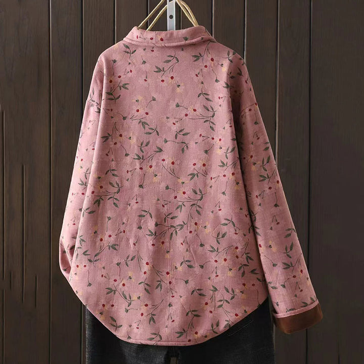 Camisa de algodón para mujer, manga larga, cuello alto, botones de rana, flores de invierno y hojas verdes de Buddha Stones - image 4