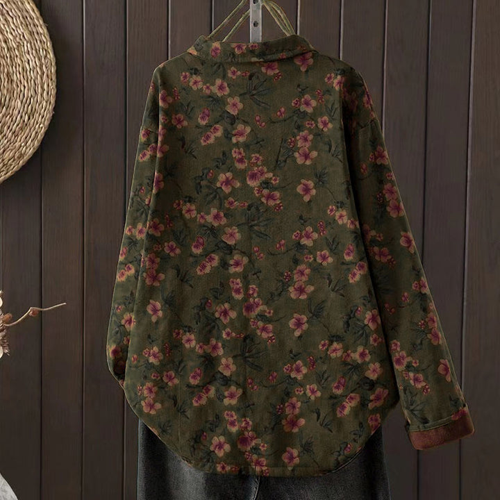 Camisa de algodón para mujer, manga larga, cuello alto, botones de rana, flores de invierno y hojas verdes de Buddha Stones - image 1
