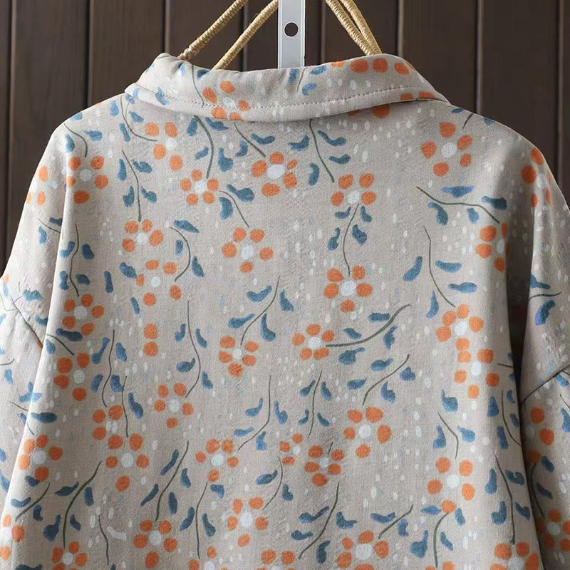 Camisa de algodón para mujer, manga larga, cuello alto, botones de rana, flores de invierno y hojas verdes de Buddha Stones - image 15