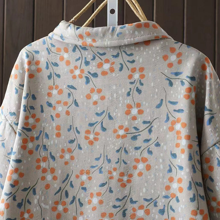 Camisa de algodón para mujer, manga larga, cuello alto, botones de rana, flores de invierno y hojas verdes de Buddha Stones - image 15