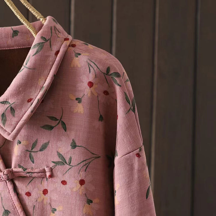 Camisa de algodón para mujer, manga larga, cuello alto, botones de rana, flores de invierno y hojas verdes de Buddha Stones - image 6