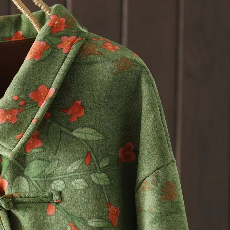 Camisa de algodón para mujer, manga larga, cuello alto, botones de rana, flores de invierno y hojas verdes de Buddha Stones - image 11