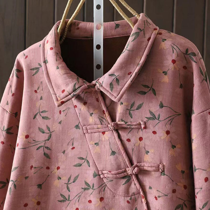 Camisa de algodón para mujer, manga larga, cuello alto, botones de rana, flores de invierno y hojas verdes de Buddha Stones - image 5