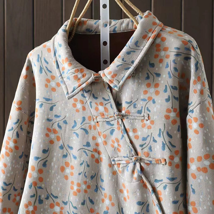 Camisa de algodón para mujer, manga larga, cuello alto, botones de rana, flores de invierno y hojas verdes de Buddha Stones - image 14