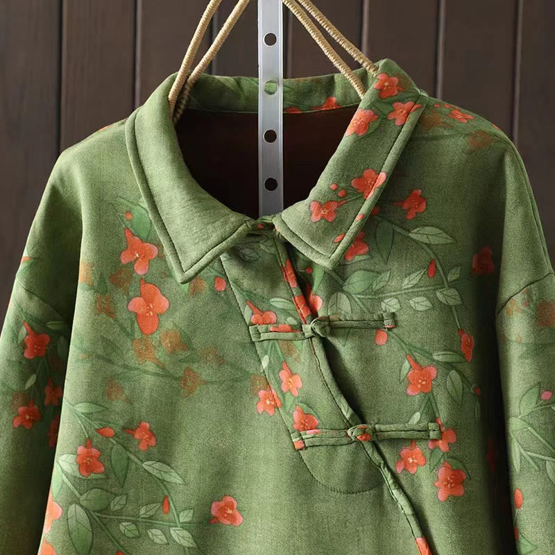 Camisa de algodón para mujer, manga larga, cuello alto, botones de rana, flores de invierno y hojas verdes de Buddha Stones - image 10